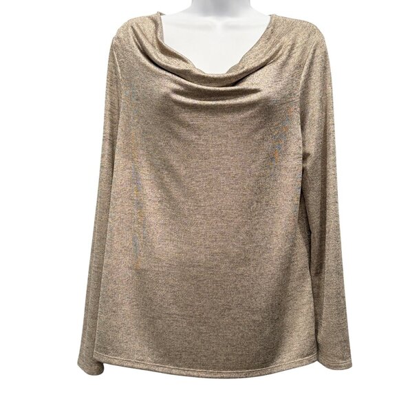 Chicos Metallic Marled Gold Cowl Drape Neck Top Shimmer Holiday Work Top Size M - Picture 1 of 9